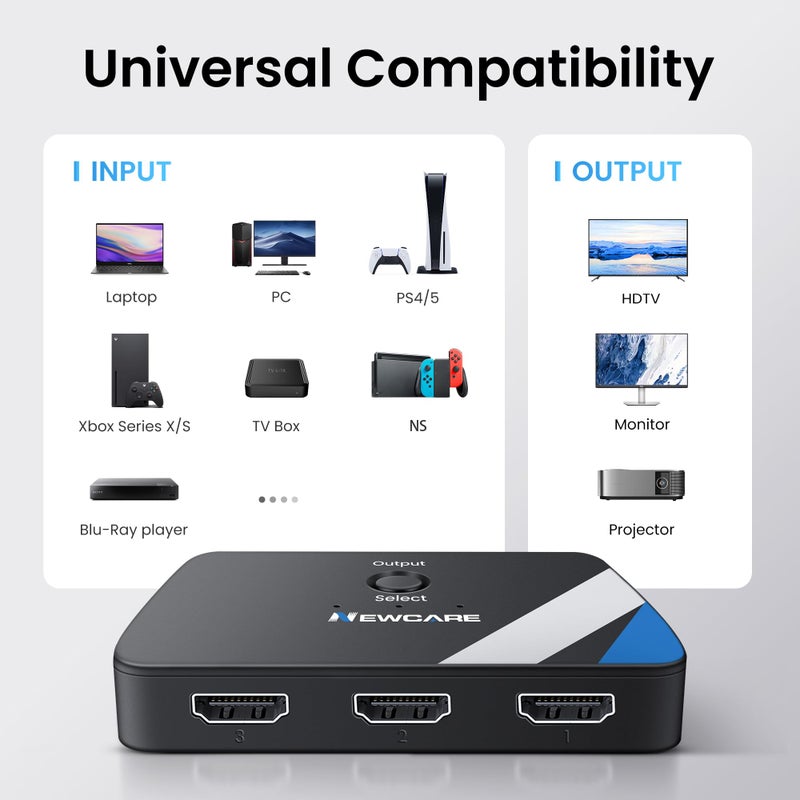 Newcare [Upgrade] HDMI Switch 3 in 1 Out, 4K@60Hz HDMI 2.0 Switch Splitter with 2.6FT Long HDMI Cable, 3-Port HDMI Switcher Selector, Supports 4K 30Hz 3D 1080P HDCP2.2 for PS5 Xbox DVD Player Fire Stick PC - Image 3